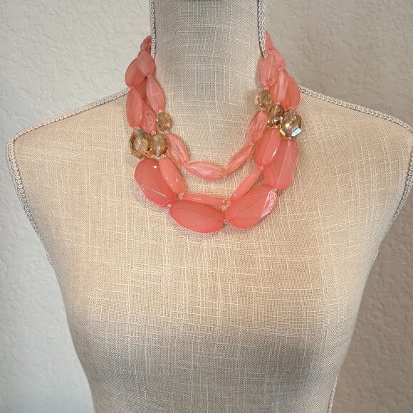 Salmon Pink Acrylic Bead 3 Strand Necklace - Picture 4 of 5